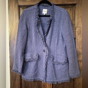 NIC+ZOE Women's Blue Fringe Trim Blazer Jacket Size Large Textured Knit
